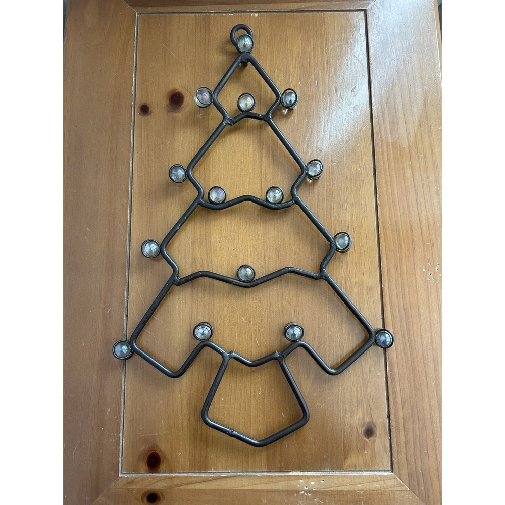 Vintage Handmade Rustic Heavy Metal Wall Hanging Christmas Tree With Glass Balls